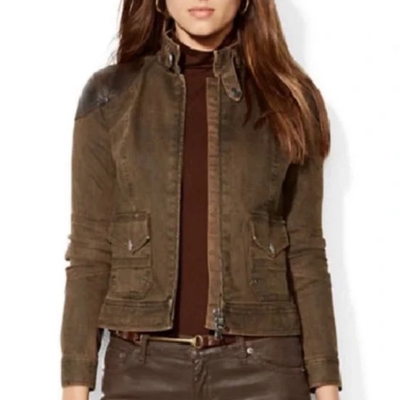 Ralph Lauren Jackets & Blazers - LRL Ralph Lauren Jeans Brown Denim Utility Moto Leather Shoulders Stretch Jacket